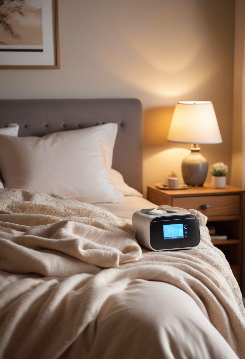 A serene bedroom scene with a comfortable CPAP machine beside a calming nightstand, soft fluffy pillows and a cozy blanket, a warm night light illuminating the peaceful ambiance, and a person gently resting, showing a sense of relaxation and wellness. The overall mood should evoke tranquility and comfort, emphasizing the importance of sleep health. super-realistic. soft colors. warm lighting.