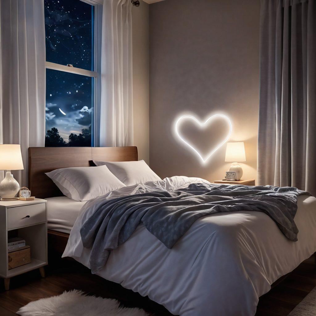 A serene bedroom scene at night, featuring a bedside table with a CPAP machine gently glowing, intertwined with a heart-shaped illustration symbolizing love. Soft moonlight filters through sheer curtains, casting a calming ambiance while a couple peacefully sleeps under cozy blankets, with hints of dreamlike elements like stars and clouds in the background. cozy, calming, dreamlike. soft colors, vector art.