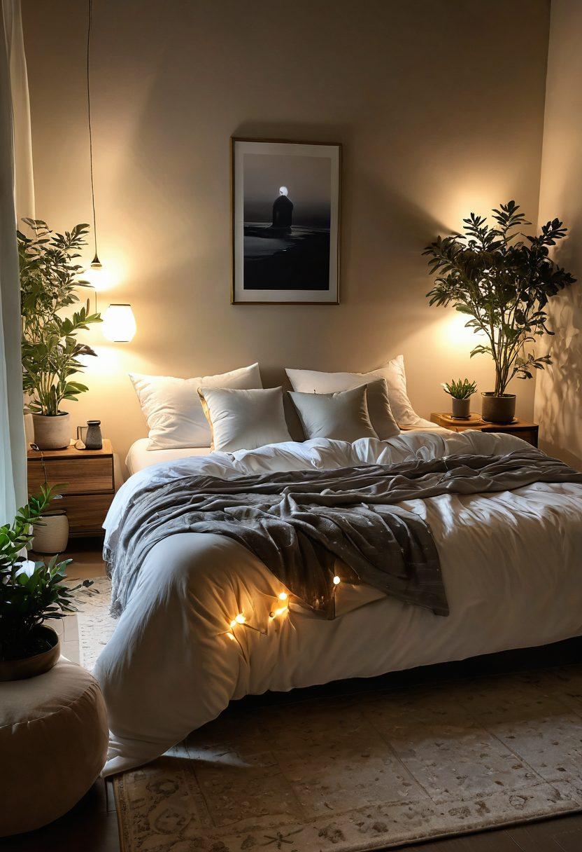 A serene bedroom setting that exudes warmth and comfort, featuring soft, inviting bedding, dimmed ambient lighting, and calming plants. Include a peaceful silhouette of a person meditating on the bed, surrounded by cozy elements like cushions and a soothing color palette. Highlight gentle night-time elements like a starry sky visible through a window to enhance a sense of tranquility. super-realistic. calming colors. warm lighting.